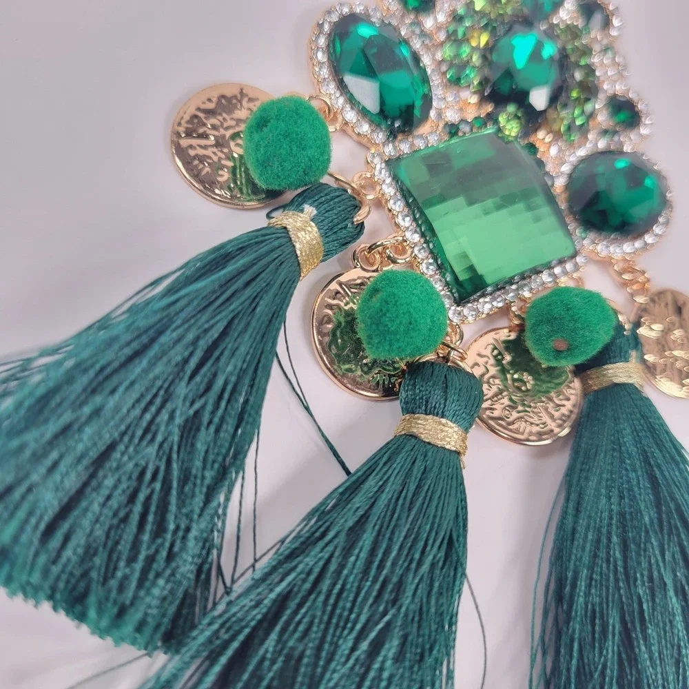 Huge Emerald Green Tassel Chandelier Earrings Rhinestone Dangle Boho Jewelry